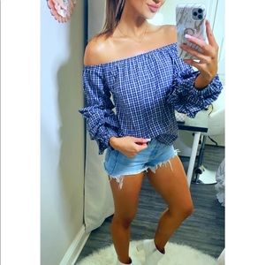 Blue Plaid Off-the-Shoulder Top